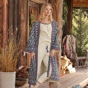 Sundance block print cotton Empress quilted robe, sash tie waist, pockets